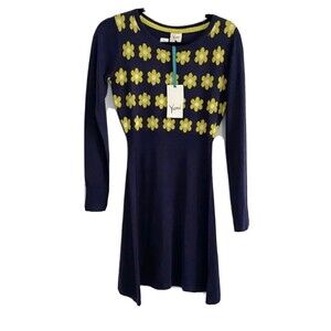 YUMI KNITWEAR Long Sleeve Navy Sweater Dress Yellow Daisy Flowers Sz 0/2